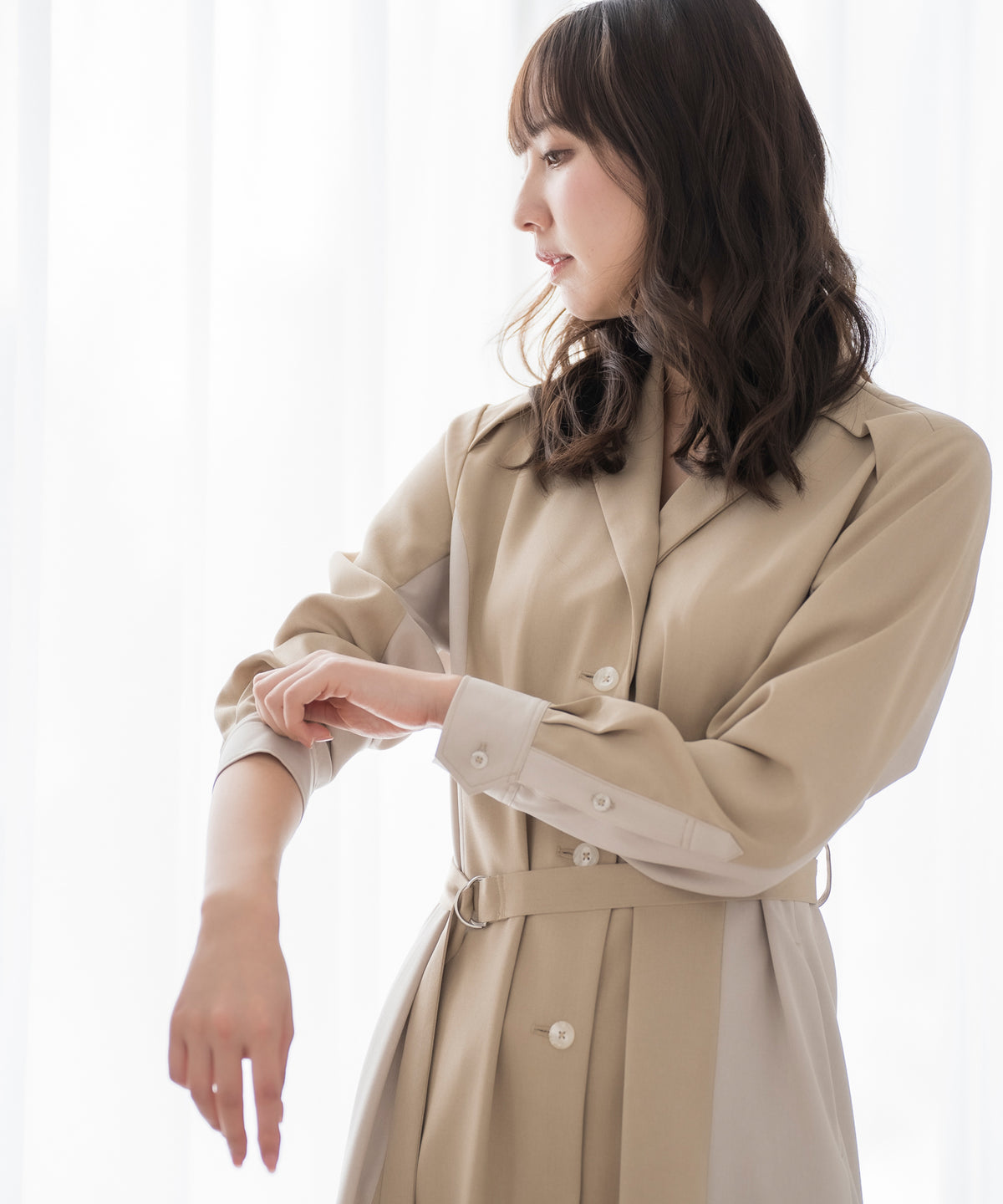 【洗える】チェスターコートワンピース(ベージュ)