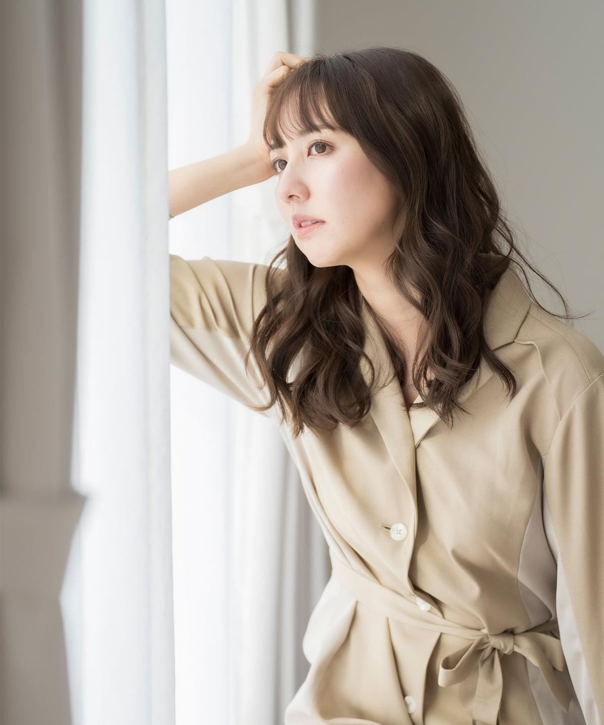 【洗える】チェスターコートワンピース(ベージュ)