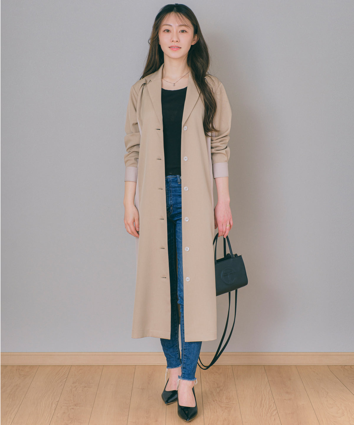 【洗える】チェスターコートワンピース(ベージュ)