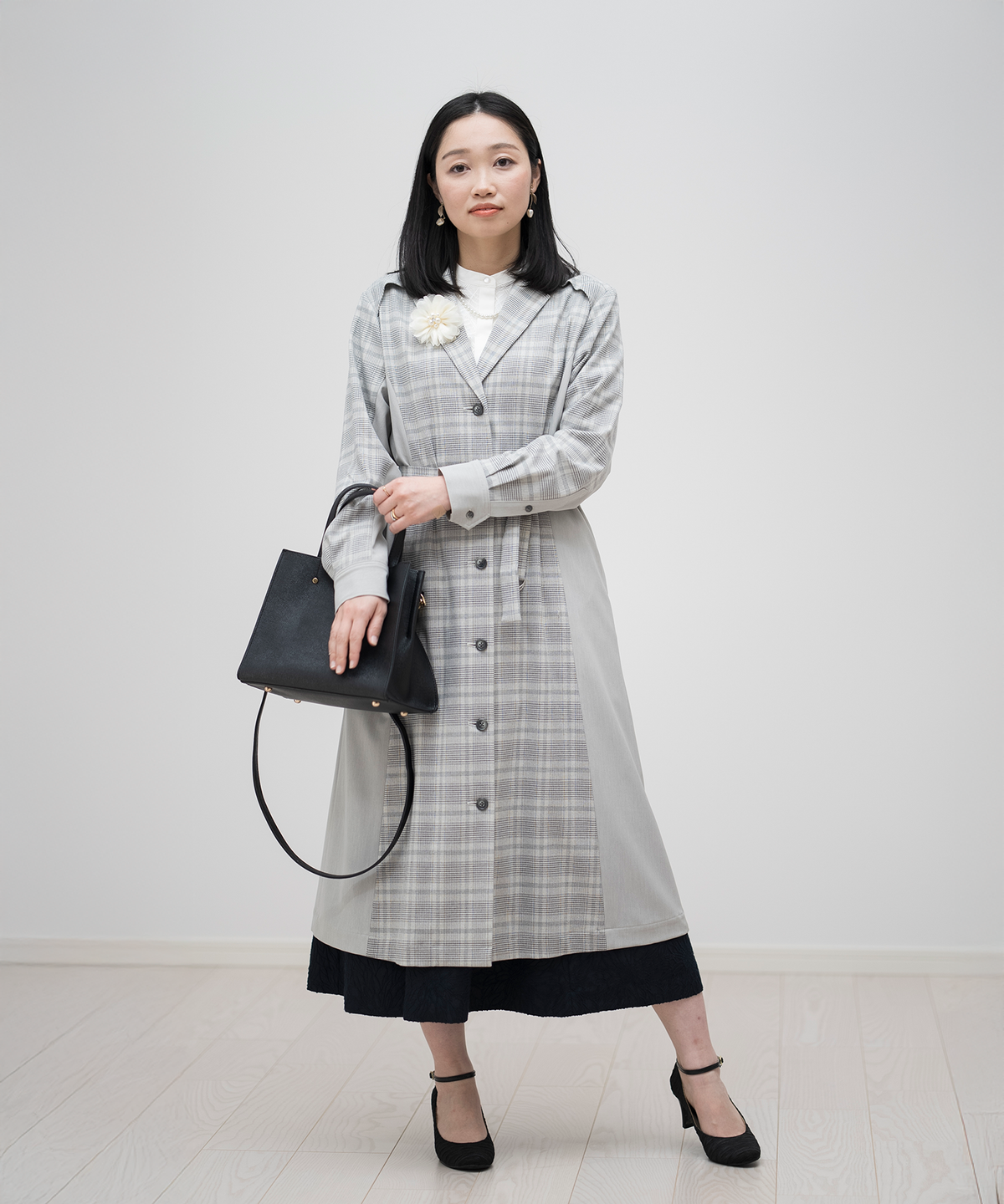 【洗える】チェスターコートワンピース(ライトグレー)