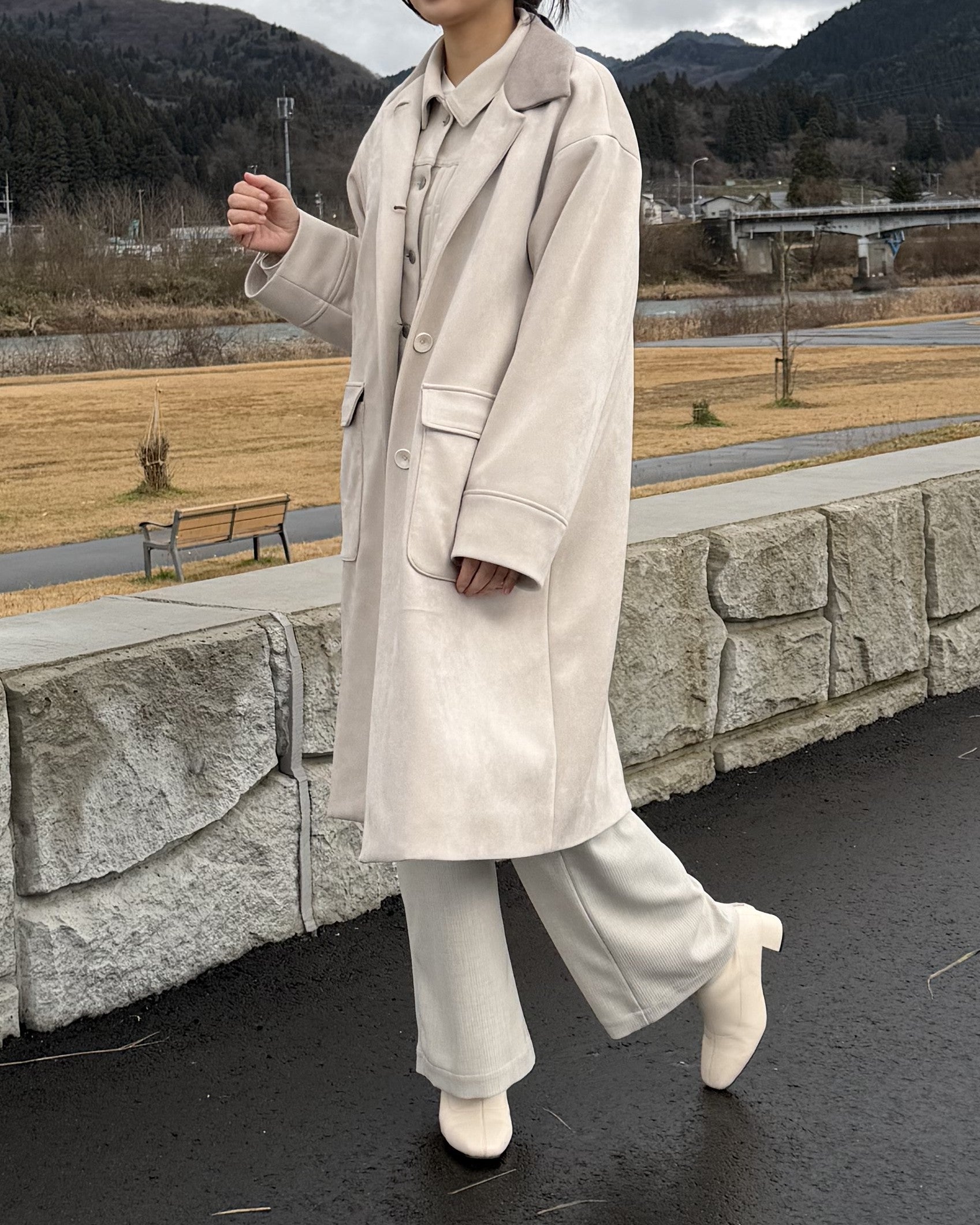 【洗える】エコスエードステンカラーコート(ブラウン即日配送可能)